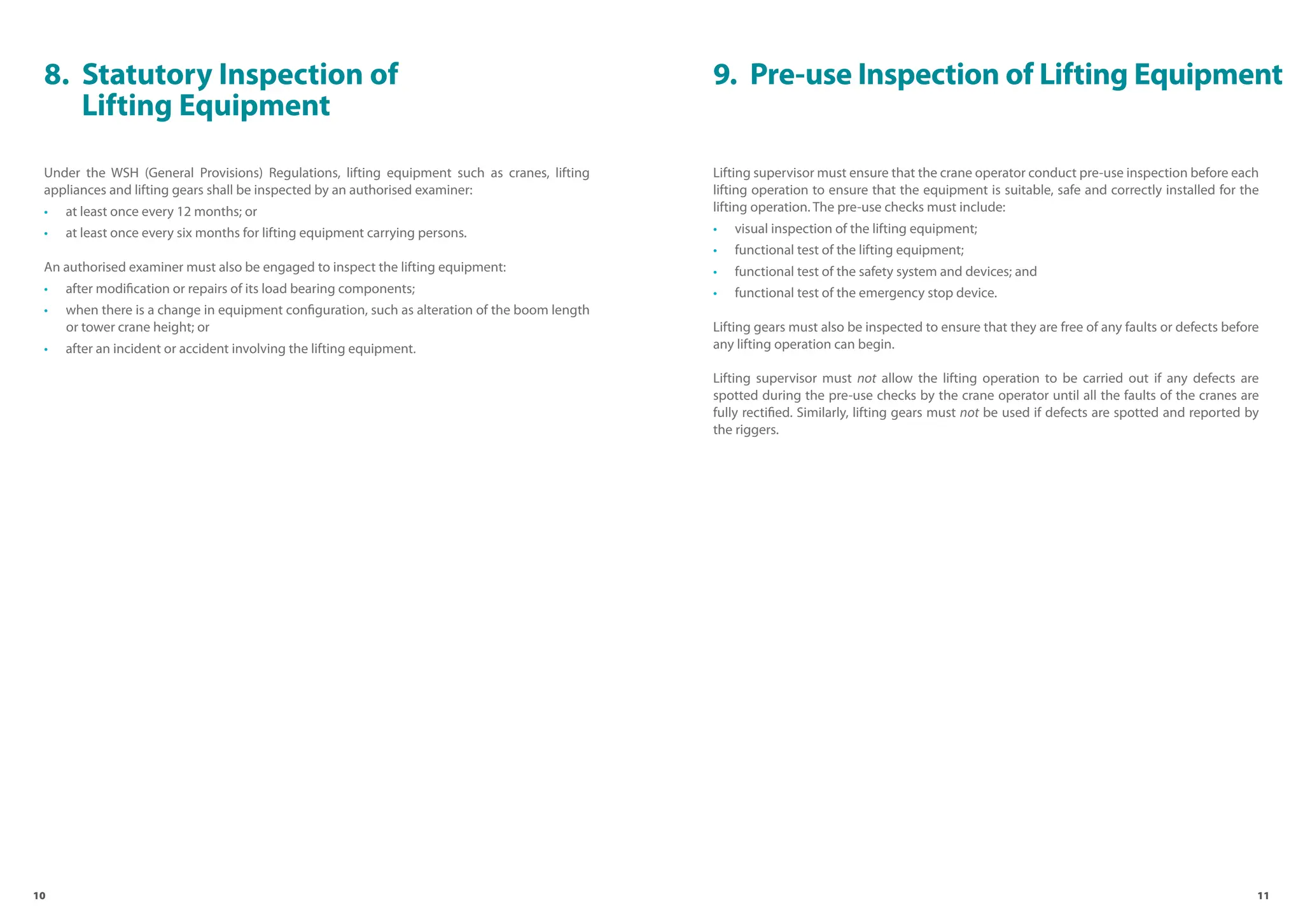 10 11
8. Statutory Inspection of
Lifting Equipment
Under the WSH (General Provisions) Regulations, lifting equipment such as cranes, lifting
appliances and lifting gears shall be inspected by an authorised examiner:
• at least once every 12 months; or
• at least once every six months for lifting equipment carrying persons.
An authorised examiner must also be engaged to inspect the lifting equipment:
• after modification or repairs of its load bearing components;
• when there is a change in equipment configuration, such as alteration of the boom length
or tower crane height; or
• after an incident or accident involving the lifting equipment.
9. Pre-use Inspection of Lifting Equipment
Lifting supervisor must ensure that the crane operator conduct pre-use inspection before each
lifting operation to ensure that the equipment is suitable, safe and correctly installed for the
lifting operation. The pre-use checks must include:
• visual inspection of the lifting equipment;
• functional test of the lifting equipment;
• functional test of the safety system and devices; and
• functional test of the emergency stop device.
Lifting gears must also be inspected to ensure that they are free of any faults or defects before
any lifting operation can begin.
Lifting supervisor must not allow the lifting operation to be carried out if any defects are
spotted during the pre-use checks by the crane operator until all the faults of the cranes are
fully rectified. Similarly, lifting gears must not be used if defects are spotted and reported by
the riggers.
 