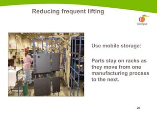 20
Reducing frequent lifting
Use mobile storage:
Parts stay on racks as
they move from one
manufacturing process
to the next.
 