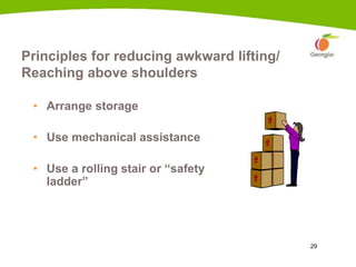 29
Principles for reducing awkward lifting/
Reaching above shoulders
• Arrange storage
• Use mechanical assistance
• Use a rolling stair or “safety
ladder”
 