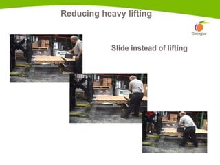 17
Reducing heavy lifting
Slide instead of lifting
 