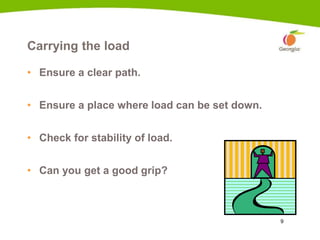 9
Carrying the load
• Ensure a clear path.
• Ensure a place where load can be set down.
• Check for stability of load.
• Can you get a good grip?
6a
 