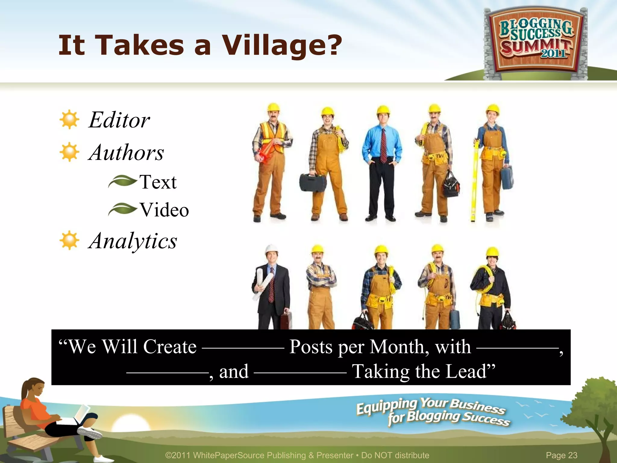 It Takes a Village? Editor Authors Text Video Analytics “ We Will Create –––––––– Posts per Month, with ––––––––, ––––––––, and ––––––––– Taking the Lead” 