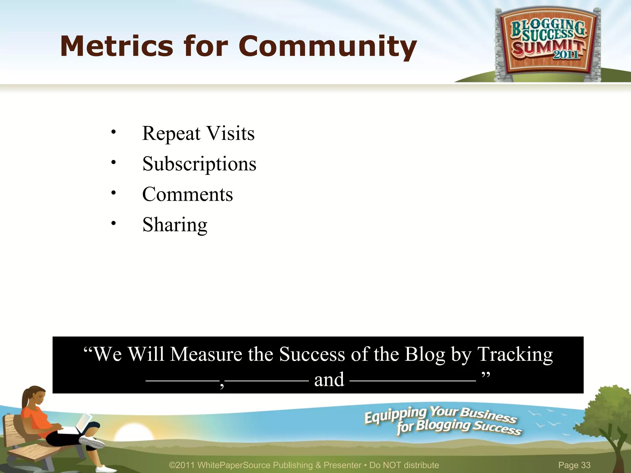 Metrics for Community Repeat Visits Subscriptions Comments Sharing “ We Will Measure the Success of the Blog by Tracking –––––––,–––––––– and –––––––––––– ” 