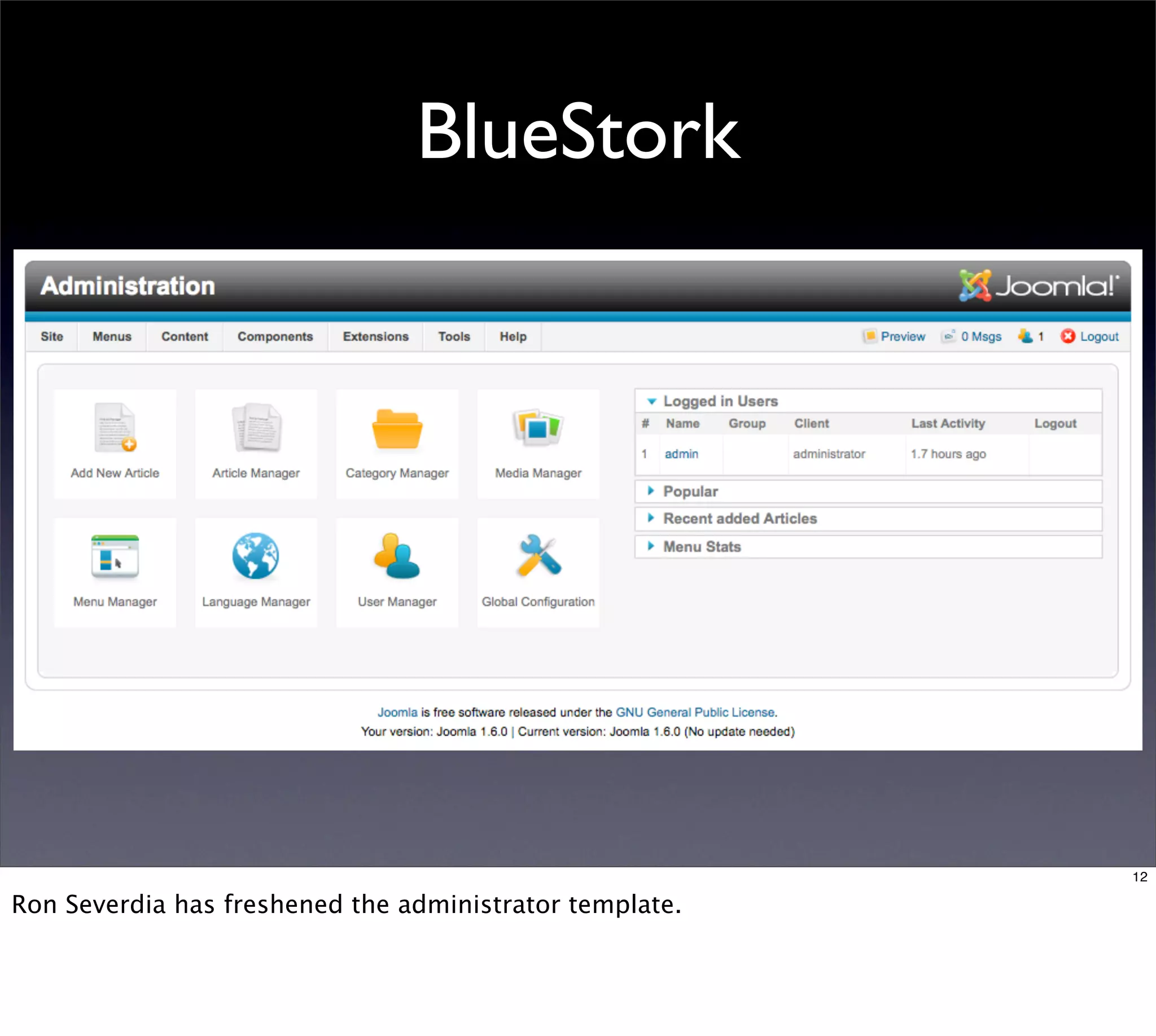 BlueStork




                                                         12

Ron Severdia has freshened the administrator template.
 