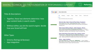 MAKING TECHNICAL SEO THE FOUNDATION OF PERFORMANCE CONTENT
Titles & Descriptions
‒ Together, these two elements determine how
your content looks in search results
‒ Without either, you let the search engine decide
how your brand will look
Other Types
‒ Schema (Ratings & Reviews)
‒ App Integration
 