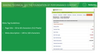MAKING TECHNICAL SEO THE FOUNDATION OF PERFORMANCE CONTENT
Meta Tag Guidelines:
‒ Page title – 50 to 60 characters (512 Pixels)
‒ Meta description – 140 to 160 characters
 