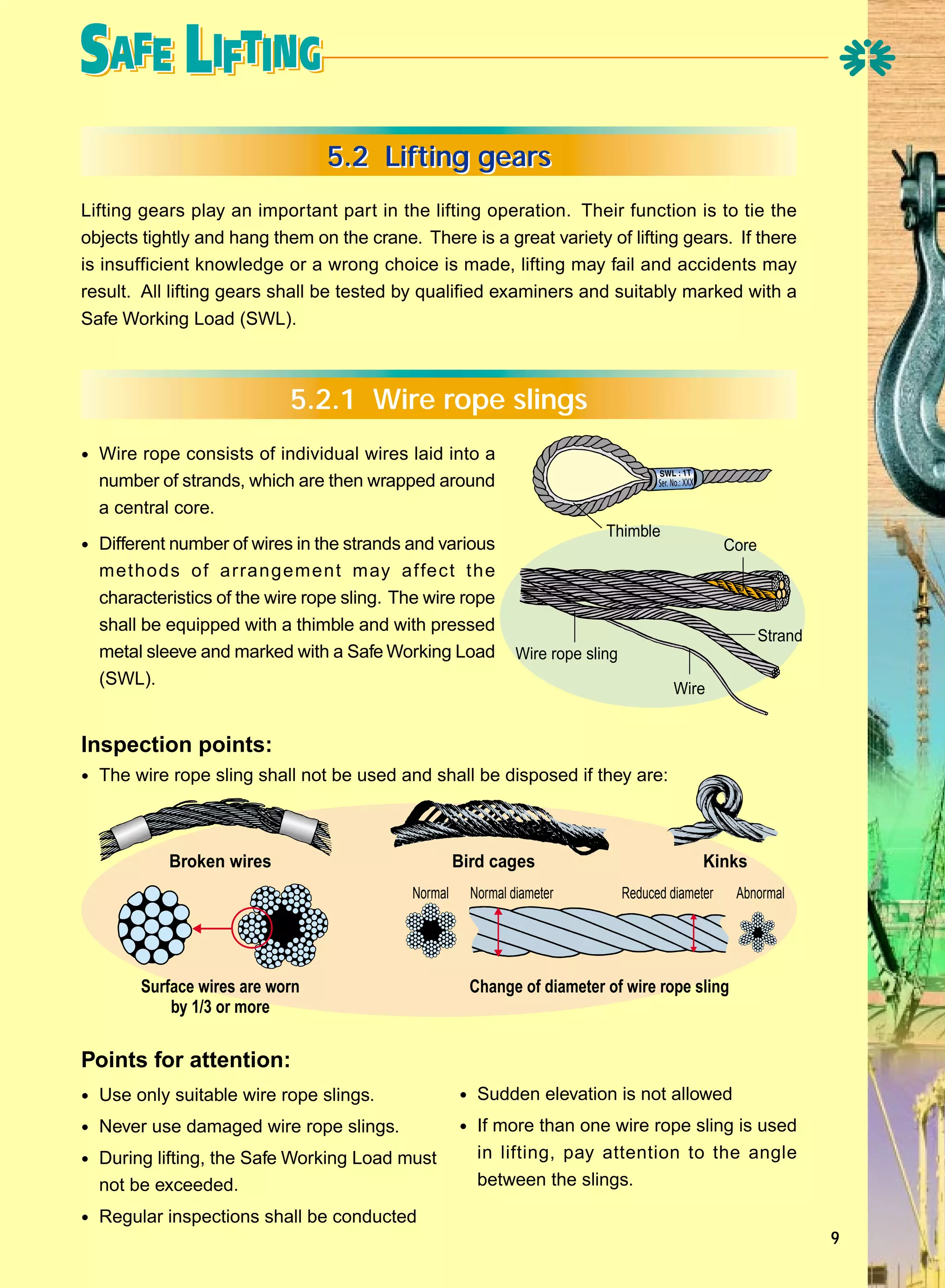 5.2 Lifting gears
Lifting gears play an important part in the lifting operation. Their function is to tie the
objects tightly and hang them on the crane. There is a great variety of lifting gears. If there
is insufficient knowledge or a wrong choice is made, lifting may fail and accidents may
result. All lifting gears shall be tested by qualified examiners and suitably marked with a
Safe Working Load (SWL).

5.2.1 Wire rope slings
• Wire rope consists of individual wires laid into a
number of strands, which are then wrapped around
a central core.
Thimble

• Different number of wires in the strands and various
methods of arrangement may affect the
characteristics of the wire rope sling. The wire rope
shall be equipped with a thimble and with pressed
metal sleeve and marked with a Safe Working Load
(SWL).

Core

Strand
Wire rope sling
Wire

Inspection points:
• The wire rope sling shall not be used and shall be disposed if they are:

Broken wires

Bird cages
Normal

Surface wires are worn
by 1/3 or more

Normal diameter

Kinks
Reduced diameter

Abnormal

Change of diameter of wire rope sling

Points for attention:
• Use only suitable wire rope slings.
• Never use damaged wire rope slings.
• During lifting, the Safe Working Load must
not be exceeded.

• Sudden elevation is not allowed
• If more than one wire rope sling is used
in lifting, pay attention to the angle
between the slings.

• Regular inspections shall be conducted
9

 