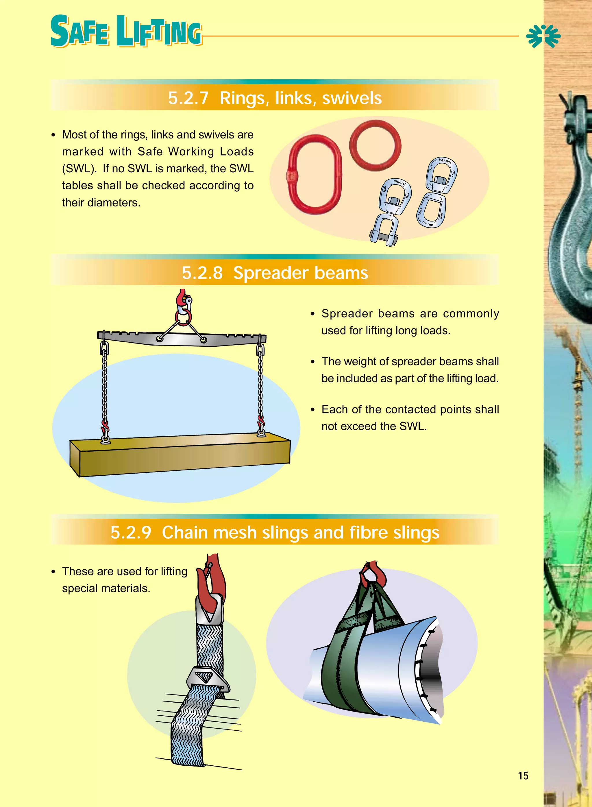 5.2.7 Rings, links, swivels
• Most of the rings, links and swivels are
marked with Safe Working Loads
(SWL). If no SWL is marked, the SWL
tables shall be checked according to
their diameters.

5.2.8 Spreader beams
• Spreader beams are commonly
used for lifting long loads.

• The weight of spreader beams shall
be included as part of the lifting load.

• Each of the contacted points shall
not exceed the SWL.

5.2.9 Chain mesh slings and fibre slings
• These are used for lifting
special materials.

15

 