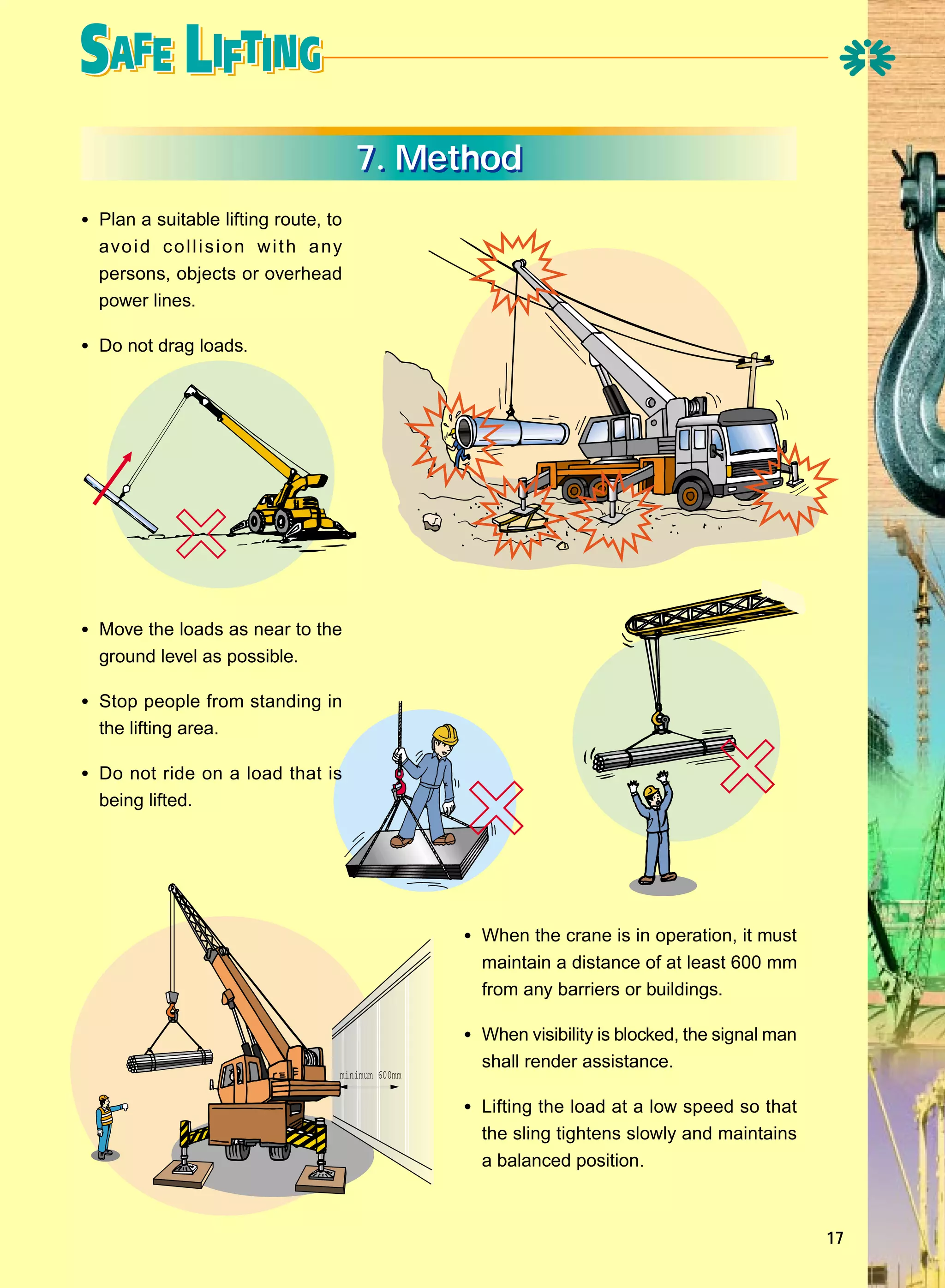 7. Method
• Plan a suitable lifting route, to
avo i d c o l l i s i o n w i t h a ny
persons, objects or overhead
power lines.

• Do not drag loads.

• Move the loads as near to the
ground level as possible.

• Stop people from standing in
the lifting area.

• Do not ride on a load that is
being lifted.

• When the crane is in operation, it must
maintain a distance of at least 600 mm
from any barriers or buildings.

• When visibility is blocked, the signal man
minimum 600mm

shall render assistance.

• Lifting the load at a low speed so that
the sling tightens slowly and maintains
a balanced position.

17

 