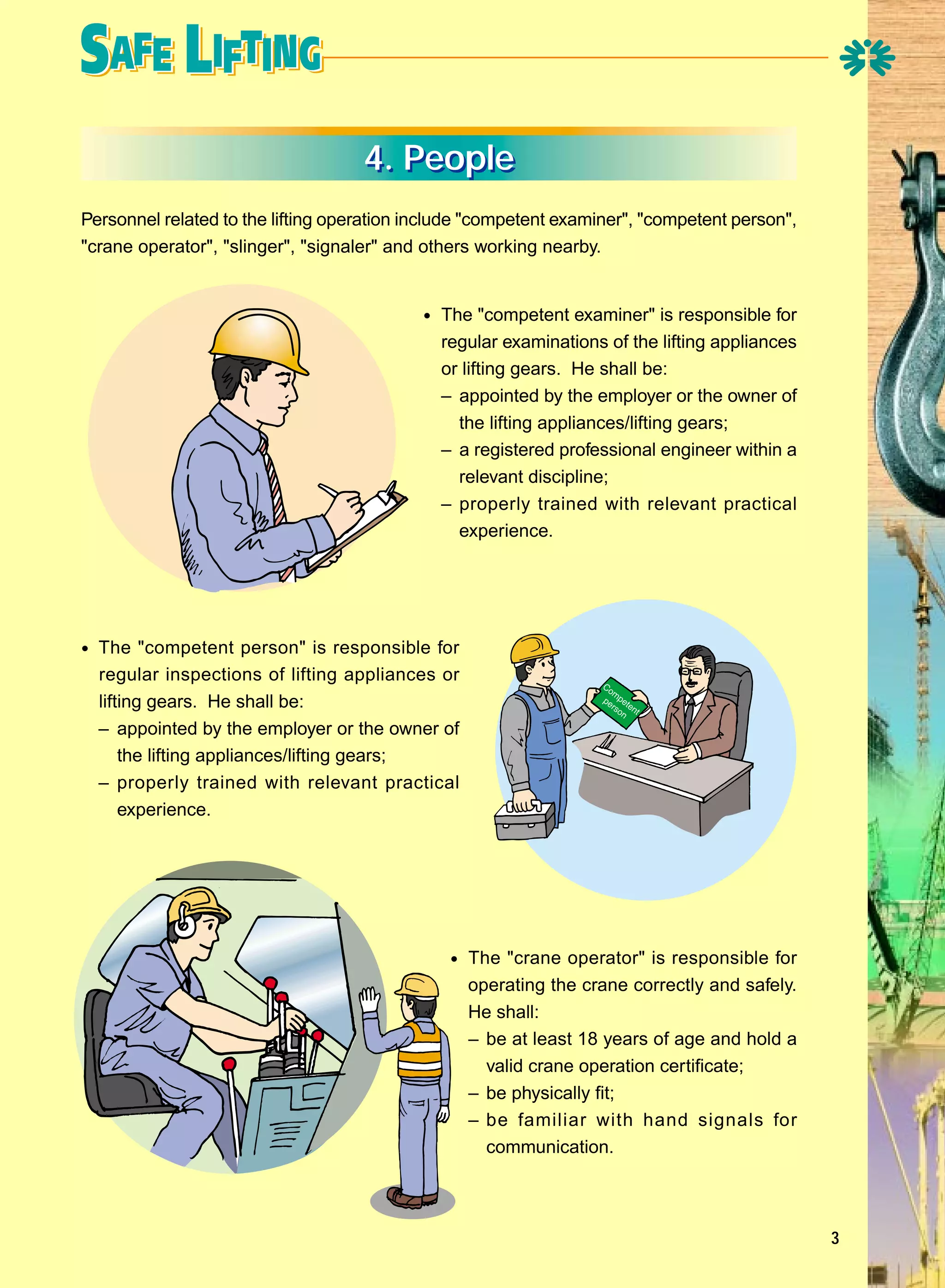 4. People
Personnel related to the lifting operation include "competent examiner", "competent person",
"crane operator", "slinger", "signaler" and others working nearby.

• The "competent examiner" is responsible for
regular examinations of the lifting appliances
or lifting gears. He shall be:
– appointed by the employer or the owner of
the lifting appliances/lifting gears;
– a registered professional engineer within a
relevant discipline;
– properly trained with relevant practical
experience.

• The "competent person" is responsible for
regular inspections of lifting appliances or
lifting gears. He shall be:
– appointed by the employer or the owner of
the lifting appliances/lifting gears;
– properly trained with relevant practical
experience.

• The "crane operator" is responsible for
operating the crane correctly and safely.
He shall:
– be at least 18 years of age and hold a
valid crane operation certificate;
– be physically fit;
– be familiar with hand signals for
communication.

3

 