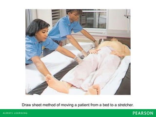 Draw sheet method of moving a patient from a bed to a stretcher.
 