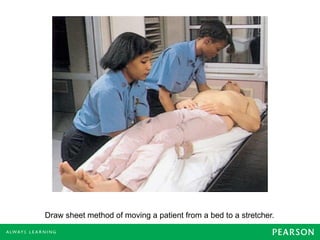 Draw sheet method of moving a patient from a bed to a stretcher.
 