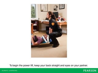 To begin the power lift, keep your back straight and eyes on your partner.
 