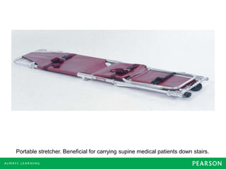 Portable stretcher. Beneficial for carrying supine medical patients down stairs.
 