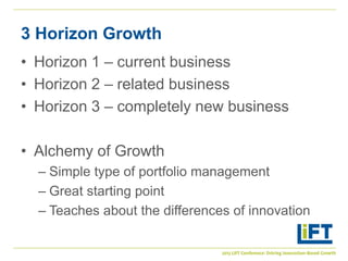 3 Horizon Growth
• Horizon 1 – current business
• Horizon 2 – related business
• Horizon 3 – completely new business

• Al...