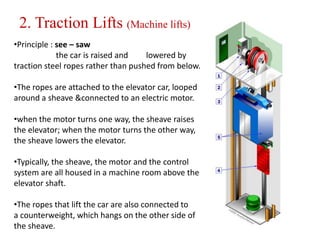 2. Traction Lifts (Machine lifts)
•Principle : see – saw
the car is raised and lowered by
traction steel ropes rather than pushed from below.
•The ropes are attached to the elevator car, looped
around a sheave &connected to an electric motor.
•when the motor turns one way, the sheave raises
the elevator; when the motor turns the other way,
the sheave lowers the elevator.
•Typically, the sheave, the motor and the control
system are all housed in a machine room above the
elevator shaft.
•The ropes that lift the car are also connected to
a counterweight, which hangs on the other side of
the sheave.
 