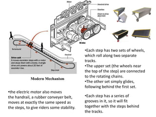 •Each step has two sets of wheels,
which roll along two separate
tracks.
•The upper set (the wheels near
the top of the step) are connected
to the rotating chains.
•The other set simply glides,
following behind the first set.
•Each step has a series of
grooves in it, so it will fit
together with the steps behind
the tracks.
•the electric motor also moves
the handrail, a rubber conveyer belt,
moves at exactly the same speed as
the steps, to give riders some stability.
Modern Mechanism
 