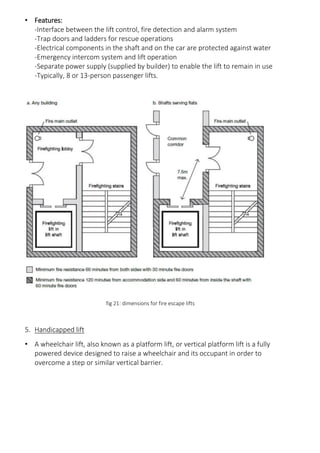 • Features:
-Interface between the lift control, fire detection and alarm system
-Trap doors and ladders for rescue operations
-Electrical components in the shaft and on the car are protected against water
-Emergency intercom system and lift operation
-Separate power supply (supplied by builder) to enable the lift to remain in use
-Typically, 8 or 13-person passenger lifts.
fig 21: dimensions for fire escape lifts
5. Handicapped lift
• A wheelchair lift, also known as a platform lift, or vertical platform lift is a fully
powered device designed to raise a wheelchair and its occupant in order to
overcome a step or similar vertical barrier.
 