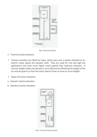 fig 3: hydraulic elevator
2. Traction/ pulley elevators:
• Traction elevators are lifted by ropes, which pass over a wheel attached to an
electric motor above the elevator shaft. They are used for mid and high-rise
applications and have much higher travel speeds than hydraulic elevators. A
counter weight makes the elevators more efficient by offsetting the weight of the
car and occupants so that the motor doesn't have to move as much weight.
• Types of traction elevators:
a. Geared- traction elevators
b. Gearless-traction elevators
Fig 4: Traction/Pulley elevators
 