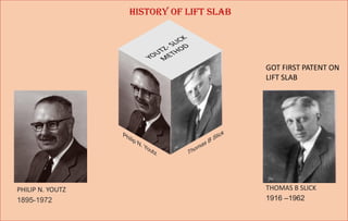 HISTORY OF LIFT SLAB
1895-1972 1916 –1962
GOT FIRST PATENT ON
LIFT SLAB
PHILIP N. YOUTZ THOMAS B SLICK
 
