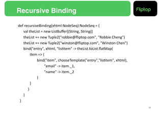 Recursive Binding!

def	
  recursiveBinding(xhtml:NodeSeq):NodeSeq	
  =	
  {	
  
              	
  val	
  theList	
  =	
  new	
  ListBuﬀer[(String,	
  String)]	
  
              	
  theList	
  +=	
  new	
  Tuple2("robbie@ﬂiptop.com",	
  "Robbie	
  Cheng")	
  
              	
  theList	
  +=	
  new	
  Tuple2("winston@ﬂiptop.com",	
  "Winston	
  Chen")	
  
              	
  bind("entry",	
  xhtml,	
  "lis9tem"	
  -­‐>	
  theList.toList.ﬂatMap(	
  
              	
   	
   	
  item	
  =>	
  {	
  
              	
   	
   	
        	
  bind("item",	
  chooseTemplate("entry","lis9tem",	
  xhtml),	
  	
  
              	
   	
   	
        	
        	
  "email"	
  -­‐>	
  item._1,	
  
              	
   	
   	
        	
        	
  "name"	
  -­‐>	
  item._2	
  
              	
   	
   	
        	
  )	
  
              	
   	
   	
  }	
  
              	
   	
  )	
  
              	
  )	
  
	
  	
  }	
  
                                                                                                             22!
 