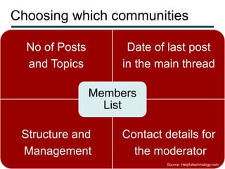 Choosing which communities

  No of Posts        Date of last post
  and Topics        in the main thread

                Members
                  List

 Structure and      Contact details for
 Management           the moderator
                             Source: Helpfultechnology.com
 