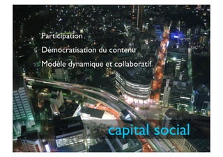 capital social
Participation
Démocratisation du contenu
Modèle dynamique et collaboratif
 