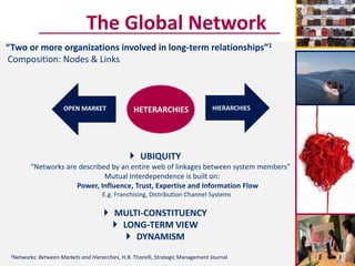 The Global Network
“Two or more organizations involved in long-term relationships”1
Composition: Nodes & Links



                        OPEN MARKET                 HETERARCHIES                   HIERARCHIES




                                                   UBIQUITY
        “Networks are described by an entire web of linkages between system members”
                              Mutual Interdependence is built on:
                     Power, Influence, Trust, Expertise and Information Flow
                                       E.g. Franchising, Distribution Channel Systems

                                         MULTI-CONSTITUENCY
                                           LONG-TERM VIEW
                                              DYNAMISM
 1Networks:   Between Markets and Hierarchies, H.B. Thorelli, Strategic Management Journal
 