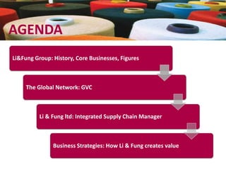 AGENDA
Li&Fung Group: History, Core Businesses, Figures



     The Global Network: GVC



          Li & Fung ltd: Integrated Supply Chain Manager



               Business Strategies: How Li & Fung creates value
 