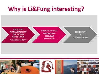 Why is Li&Fung interesting?

   EXCELLENT
                      ORGANIZATIONAL
MANAGEMENT OF                            EFFICIENCY
  THE GLOBAL           INNOVATION:
                                              &
 VALUE CHAIN             CELLULAR
                                       CUSTOMIZATION
“Smokeless Factory”
                        STRUCTURE
 