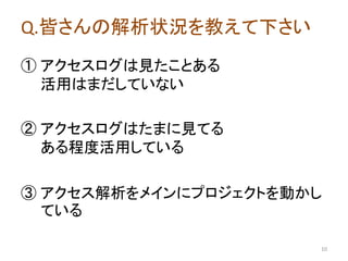Q.皆さんの解析状況を教えて下さい
① アクセスログは見たことある
活用はまだしていない

② アクセスログはたまに見てる
ある程度活用している
③ アクセス解析をメインにプロジェクトを動かし
ている
10

 