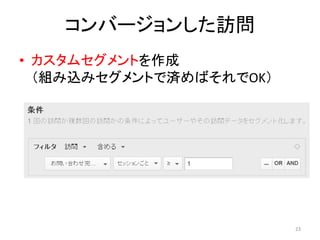 コンバージョンした訪問
• カスタムセグメントを作成
（組み込みセグメントで済めばそれでOK）

23

 