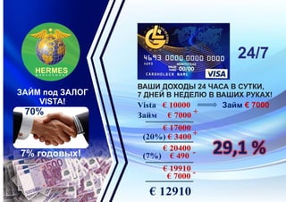 HERMESHERMESM A N A G E M E N T
24/7
ВАШИ ДОХОДЫ 24 ЧАСА В СУТКИ,
7 ДНЕЙ В НЕДЕЛЮ В ВАШИХ РУКАХ!
Vista € 10000
Займ € 7000 +
€ 17000
+(20%) € 3400
€ 20400 -(7%) € 490
€ 19910 -€ 7000
€ 12910
Займ € 7000
29,1 %7% годовых!
70%
ЗАЙМ под ЗАЛОГ
VISTA!
 