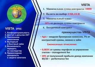 VISTA
HERMESHERMESM A N A G E M E N T
VISTA это:
1. Конфиденциальность
2. Доступ к деньгам 24/7
3. Пенсионное
накопление
4. Выгодный
и быстрый займ
5. Возможность
передать
по наследству
6. Превосходная
доходность
и защита капитала
1. Минимальная сумма контракта: 10000
2. Валюта на выбор: USD, EUR
3. Минимальный взнос:
10% от размера суммы контракта
4. Бессрочный контракт
преимущества VISTA
• Agio – входная брокерская комиссия, 7% от
контрактной суммы, можно в займ
Ежемесячные отчисления:
• 0,083% от суммы портфеля за управление
счетом – management fee
• 20% от полученной прибыли доход компании
80/20 – performance fee
 