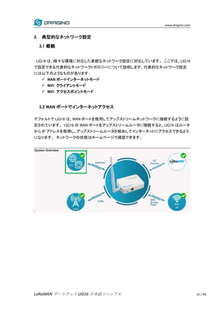 www.dragino.com
LoRaWAN ゲートウェイ LIG16 日本語マニュアル 12 / 46
3. 典型的なネットワーク設定
3.1 概観
LIG16 は、様々な環境に対応した柔軟なネットワーク設定に対応しています。 ここでは、L...