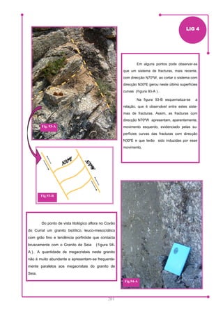 LIG 4
Em alguns pontos pode observar-se
que um sistema de fracturas, mais recente,
com direcção N70ºW, ao cortar o sistema com
direcção N30ºE gerou neste último superfícies
curvas (figura 93-A ).
Na figura 93-B esquematiza-se a
relação, que é observável entre estes siste-
mas de fracturas. Assim, as fracturas com
direcção N70ºW apresentam, aparentemente,
movimento esquerdo, evidenciado pelas su-
perfícies curvas das fracturas com direcção
N30ºE e que terão sido induzidas por esse
movimento.
Fig. 93-A
Fig.93-B
Do ponto de vista litológico aflora no Covão
do Curral um granito biotítico, leuco-mesocrático
com grão fino e tendência porfiróide que contacta
bruscamente com o Granito de Seia ( figura 94-
A ) . A quantidade de megacristais neste granito
não é muito abundante e apresentam-se frequente-
mente paralelos aos megacristais do granito de
Seia.
Fig.94-A
201
 