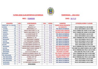 FUTBOL BASE CLUB DEPORTIVO CATARROJA                               TEMPORADA : 2012-2013

                              MES : FEBRERO                                              DIAS: 16 Y 17

      EQUIPOS           JOR          CONTRARIOS              DIA   HORA          CAMPOS                 CITADOS,HORA Y LUGAR
AMATEUR ( R. COLON)     23ª               PEGO C.F           16    18.00   CAMPO MUN CERVANTES
JUVENIL           “A”   21ª             MISLATA U.F          16    20.00         LA CANALETA            EN LA CANALETA A LAS 18.20H
 JUVENIL         ”B”    19ª           BENIPARRELL C.F        16    18.00     POL MUN CATARROJA         EN EL VESTUARIO A LAS 17.00H
 INFANTIL        ”A”    16ª      SANTA ANA ALBAL C.F “A”     17    10.30    ESTADIO PEPE PAREDES    EN EL CAMPO DEL ALBAL A LAS 9.30H
 CADETE          “A”    16ª      SANTA ANA ALBAL C.F “A”     17    9.00     ESTADIO PEPE PAREDES    EN EL CAMPO DEL ALBAL A LAS 8.00H
 INFANTIL        “B”    16ª         C.D MONTESION “B”        16    11.30     POL MUN CATARROJA         EN EL VESTUARIO A LAS 10.15H
 CADETE          “B”    16ª         C.D MONTESION “B”        16    13.00     POL MUN CATARROJA         EN EL VESTUARIO A LAS 11.45H
 INFANTIL        “C”    16ª           MANISES C.F “B”        17    10.30      POL MUN MANISES        EN EL PARKING DEL POLI A LAS 9.00H
 BENJAMIN        “A”    16ª      C.D TERESIANAS TORRENT      16    16.30     POL MUN CATARROJA         EN EL VESTUARIO A LAS 15.15H
 ALEVIN          “A”    16ª      C.D TERESIANAS TORRENT      16    16.30     POL MUN CATARROJA         EN EL VESTUARIO A LAS 15.30H
 BENJAMIN        “B”    16ª     U.D BALOMPIE ALFAFAR “B”     16    10.15     POL MUN CATARROJA          EN EL VESTUARIO A LAS 9.30H
ALEVIN            “B”   16ª     U.D BALOMPIE ALFAFAR “B”     16    9.00      POL MUN CATARROJA          EN EL VESTUARIO A LAS 9.15H
 BENJAMIN        “C”    16ª   UNION BENETUSSER-FABARA”C”     16    13.30    POL MUN BENETUSSER      EN EL PARKING DEL POLI A LAS 12.00H
 ALEVIN           “C”   16ª   UNION BENETUSSER-FABARA “C”    16    13.30    POL MUN BENETUSSER     EN CAMP DEL BENETUSSER A LAS 12.30H
 BENJAMIN        “D”    16ª           GODELLA C.F “D”        16    12.00     CAMP MUN GODELLA       EN EL PARKING DEL POLI A LAS 10.30H
 BENJAMIN        “E”    16ª        C.D.F.B LA ELIANA “D”     16    12.45      POL MUN LA ELIANA       EN EL BAR DEL POLI A LAS 11.30H
BENJAMIN          “F”   16ª    JUVENTUD BARRIO CRISTO “B”    16    9.30    POL MUN EL PERDIGUER      EN EL PARKING DEL POLI A LAS 8.00H
PRE-BENJAMIN      “A”   16ª   UNION BENETUSSER-FABARA“A”     17    10.30    POL MUN BENETUSSER       EN EL PARKING DEL POLI A LAS 9.00H
 PRE-BENJAMIN    “B”    16ª           FUTBOL CITY “B”        16    13.00     CAMPOS FUTBOL CITY     EN EL PARKING DEL POLI A LAS 12.00H
 PRE-BENJAMIN    “C”    16ª            SEDAVI C.F “C”        16    11.30     POL MUN CATARROJA         EN EL VESTUARIO A LAS 10.30H
 PRE-BENJAMIN    “D”    16ª           MANISES C.F “D”        16    10.15     POL MUN CATARROJA          EN EL VESTUARIO A LAS 9.00H
  QUERUBIN       “L”    16ª     C.F HISTORICS VALENCIA “A”   16    12.45     POL MUN CATARROJA         EN EL VESTUARIO A LAS 12.00H
  QUERUBIN       “I”                  DESCANSA
 