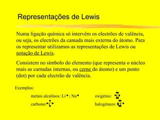 Representações de Lewis

Numa ligação química só intervêm os electrões de valência,
ou seja, os electrões da camada mais externa do átomo. Para
os representar utilizamos as representações de Lewis ou
notação de Lewis.
Consistem no símbolo do elemento (que representa o núcleo
mais as camadas internas, ou cerne do átomo) e um ponto
(dot) por cada electrão de valência.

Exemplos:
       metais alcalinos: Li ; Na    oxigénio:   O
       carbono: C                   halogéneos: F
 