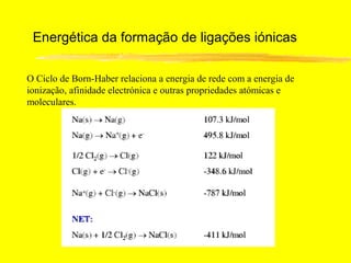 Energética da formação de ligações iónicas

O Ciclo de Born-Haber relaciona a energia de rede com a energia de
ionização, afinidade electrónica e outras propriedades atómicas e
moleculares.
 