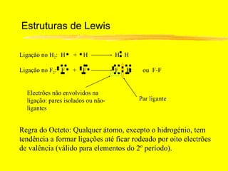 Estruturas de Lewis

Ligação no H2: H    +   H           H H

Ligação no F2: F    +   F           F   F    ou F-F


  Electrões não envolvidos na
  ligação: pares isolados ou não-           Par ligante
  ligantes


Regra do Octeto: Qualquer átomo, excepto o hidrogénio, tem
tendência a formar ligações até ficar rodeado por oito electrões
de valência (válido para elementos do 2º período).
 