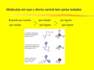 Moléculas em que o átomo central tem pares isolados


 Repulsão par isolado-   par isolado-   par ligante-
 -par isolado            -par ligante   -par ligante
 