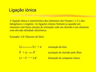 Ligação iónica

A ligação iónica é característica dos elementos dos Grupos 1 e 2 e dos
halogéneos e oxigénio. As ligações iónicas formam-se quando um
elemento com baixa energia de ionização cede um electrão a um elemento
com elevada afinidade electrónica.

Exemplo: LiF (fluoreto de lítio)


         Li          Li+ + e-      ionização do lítio

         F + e-       F-           aceitação do electrão pelo flúor

         Li+ + F-    LiF           formação do composto iónico
 