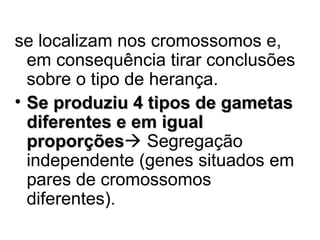 se localizam nos cromossomos e,
em consequência tirar conclusões
sobre o tipo de herança.
• Se produziu 4 tipos de gametas
diferentes e em igual
proporções Segregação
proporções
independente (genes situados em
pares de cromossomos
diferentes).

 
