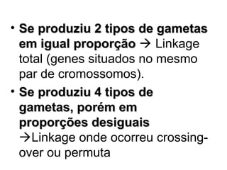 • Se produziu 2 tipos de gametas
em igual proporção  Linkage
total (genes situados no mesmo
par de cromossomos).
• Se produziu 4 tipos de
gametas, porém em
proporções desiguais
Linkage onde ocorreu crossingover ou permuta

 