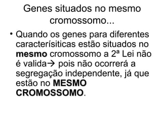 Genes situados no mesmo
cromossomo...
• Quando os genes para diferentes
caracterísiticas estão situados no
mesmo cromossomo a 2ª Lei não
é valida pois não ocorrerá a
segregação independente, já que
estão no MESMO
CROMOSSOMO.
CROMOSSOMO

 