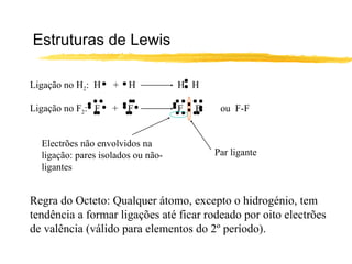 Estruturas de Lewis

Ligação no H2: H    +   H           H H

Ligação no F2: F    +   F           F   F    ou F-F


  Electrões não envolvidos na
  ligação: pares isolados ou não-           Par ligante
  ligantes


Regra do Octeto: Qualquer átomo, excepto o hidrogénio, tem
tendência a formar ligações até ficar rodeado por oito electrões
de valência (válido para elementos do 2º período).
 