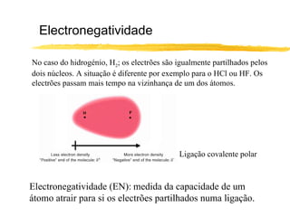 Electronegatividade

No caso do hidrogénio, H2; os electrões são igualmente partilhados pelos
dois núcleos. A situação é diferente por exemplo para o HCl ou HF. Os
electrões passam mais tempo na vizinhança de um dos átomos.




                                             Ligação covalente polar



Electronegatividade (EN): medida da capacidade de um
átomo atrair para si os electrões partilhados numa ligação.
 