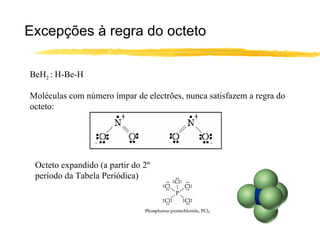 Excepções à regra do octeto

BeH2 : H-Be-H

Moléculas com número ímpar de electrões, nunca satisfazem a regra do
octeto:




 Octeto expandido (a partir do 2º
 período da Tabela Periódica)
 