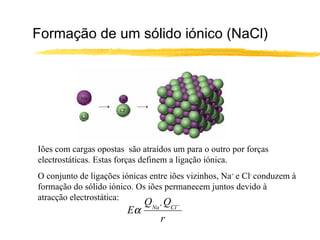 Formação de um sólido iónico (NaCl)




Iões com cargas opostas são atraídos um para o outro por forças
electrostáticas. Estas forças definem a ligação iónica.
O conjunto de ligações iónicas entre iões vizinhos, Na+ e Cl- conduzem à
formação do sólido iónico. Os iões permanecem juntos devido à
atracção electrostática:
                             QNa + QCl −
                        Eα
                                  r
 