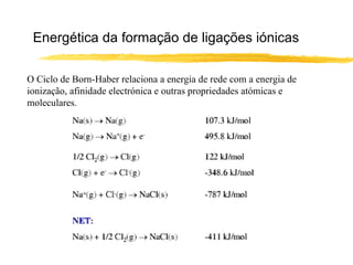 Energética da formação de ligações iónicas

O Ciclo de Born-Haber relaciona a energia de rede com a energia de
ionização, afinidade electrónica e outras propriedades atómicas e
moleculares.
 